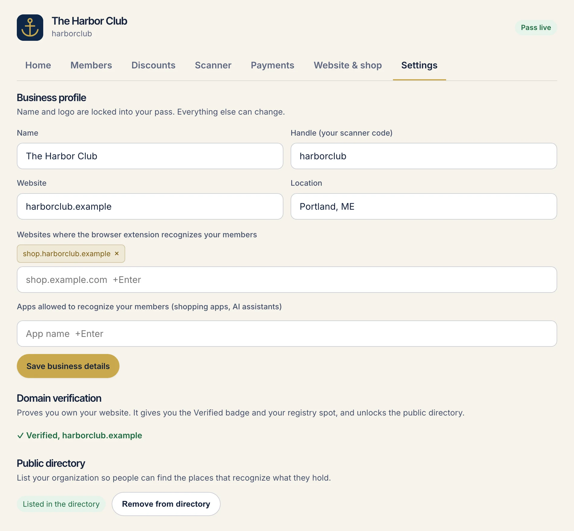 The Settings tab: profile fields, a verified website and a directory listing