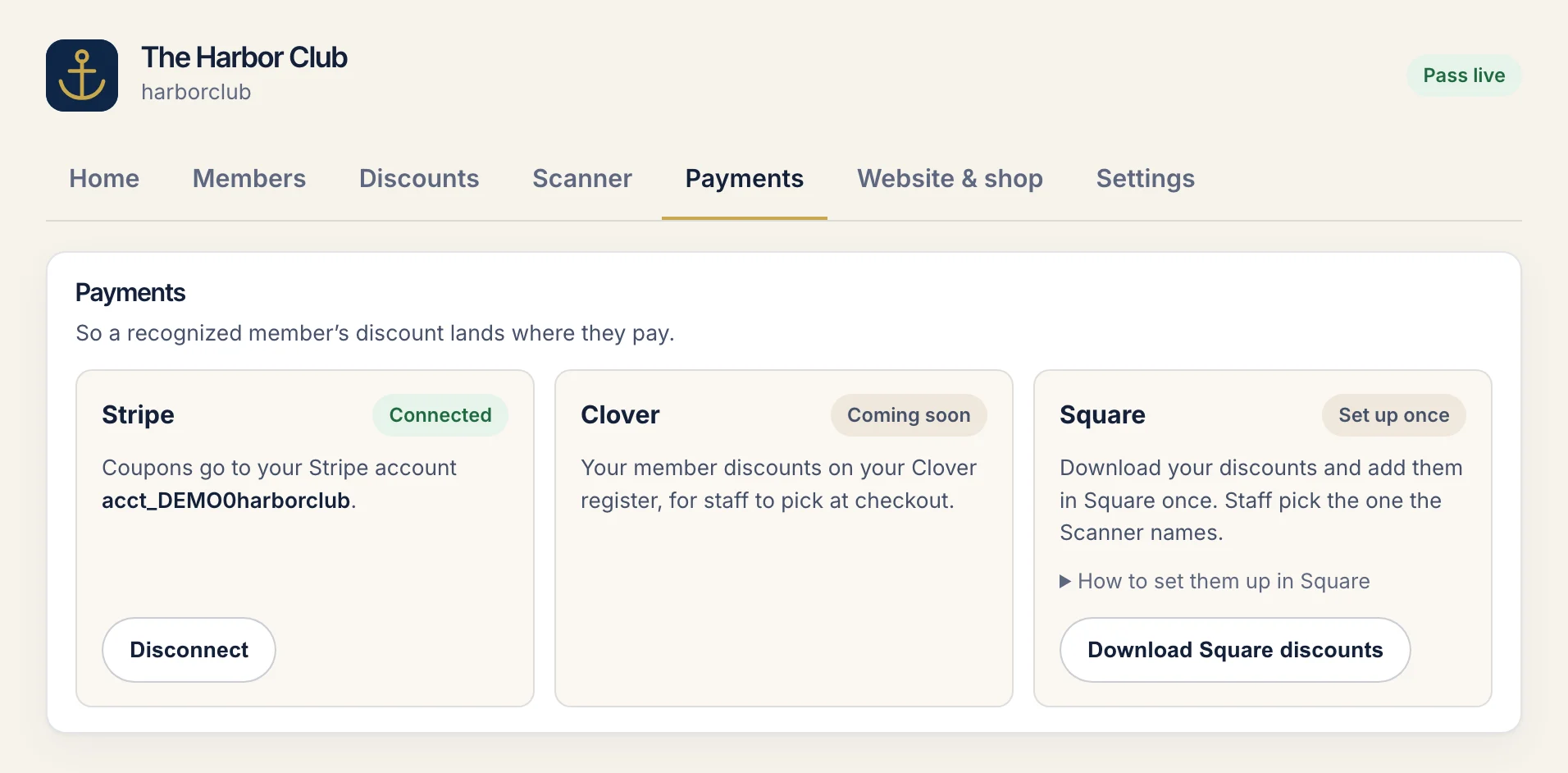 The Payments tab: Stripe connected, Clover coming soon, and a Download Square discounts button