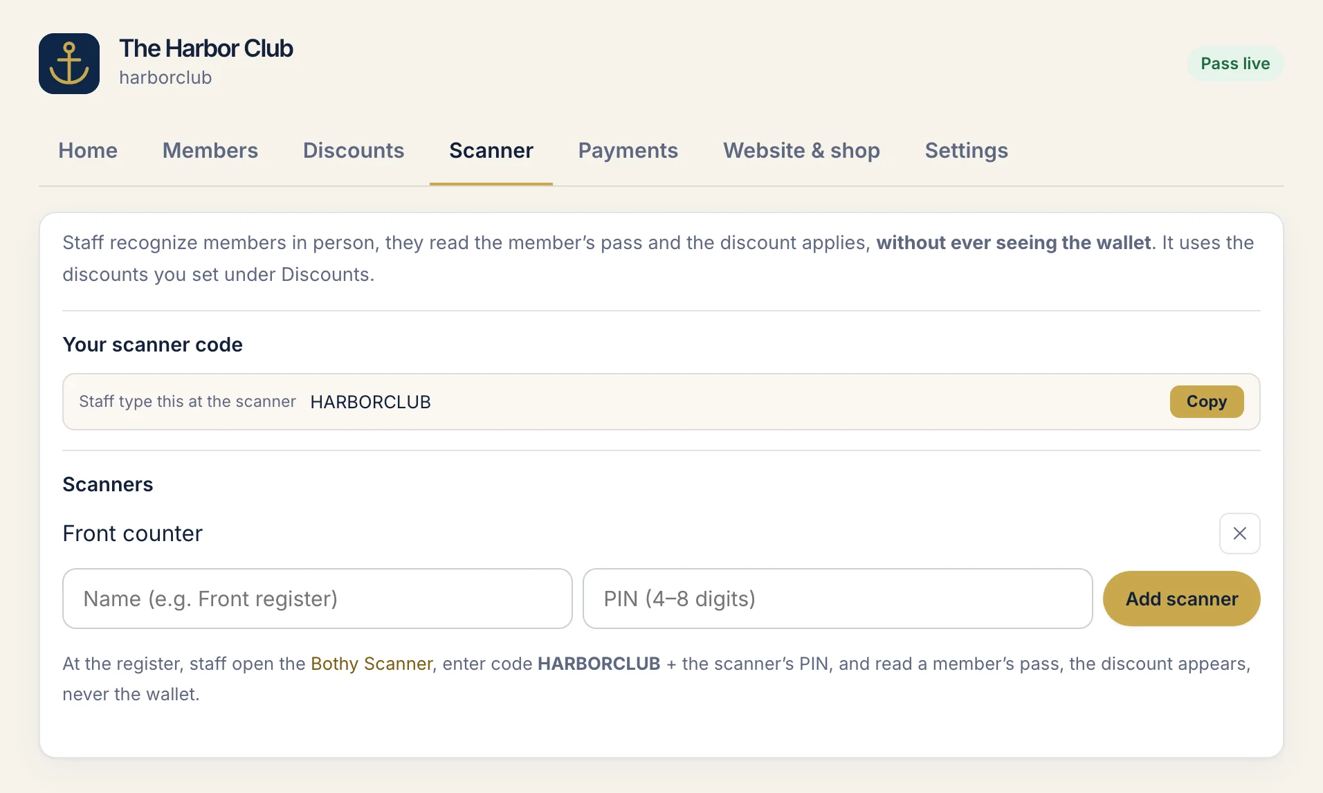 The Scanner tab: the scanner code HARBORCLUB and one scanner named Front counter