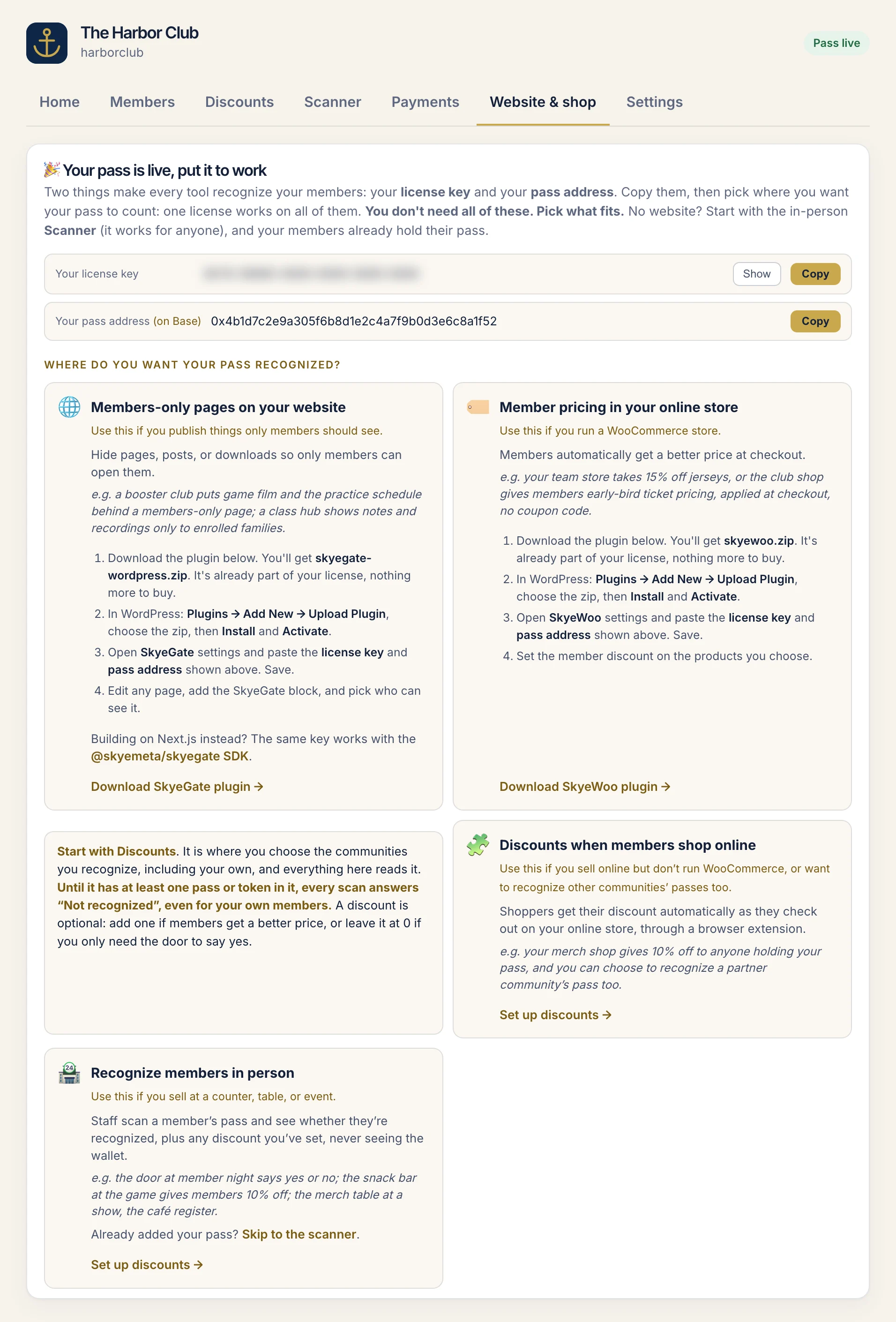 The Website and shop tab: the license key hidden, the pass address, and cards for members-only pages and member pricing