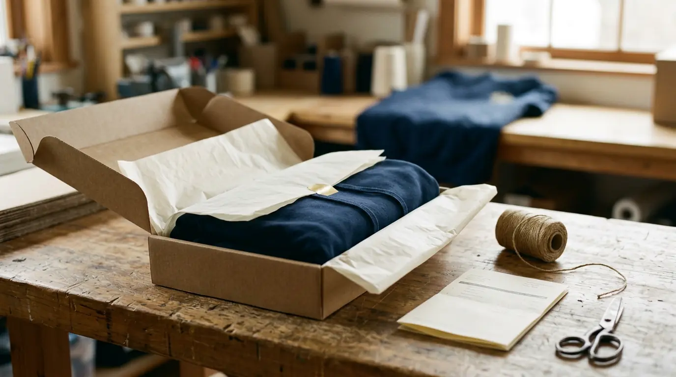 A club hoodie folded in a kraft shipping box