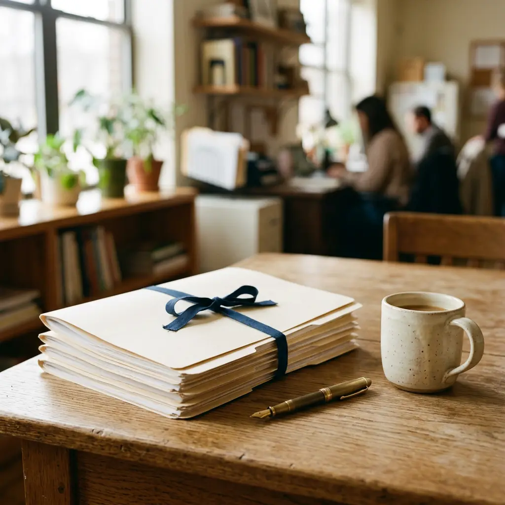 A stack of folders tied with ribbon beside a coffee mug and a pen on a wooden desk