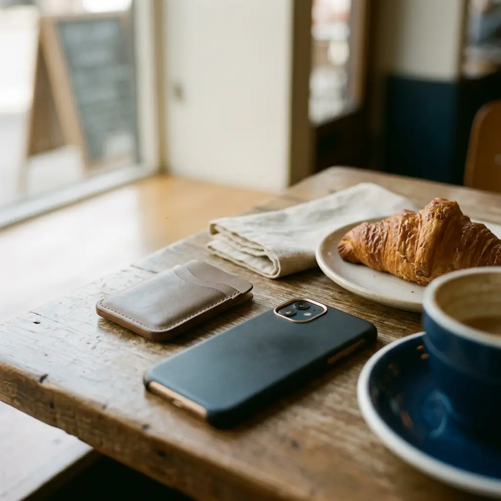 A phone and a leather card wallet on a cafe table beside a croissant and a coffee