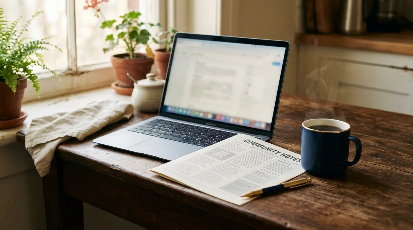 A laptop open to a club newsletter on a table by the window, with a mug beside it