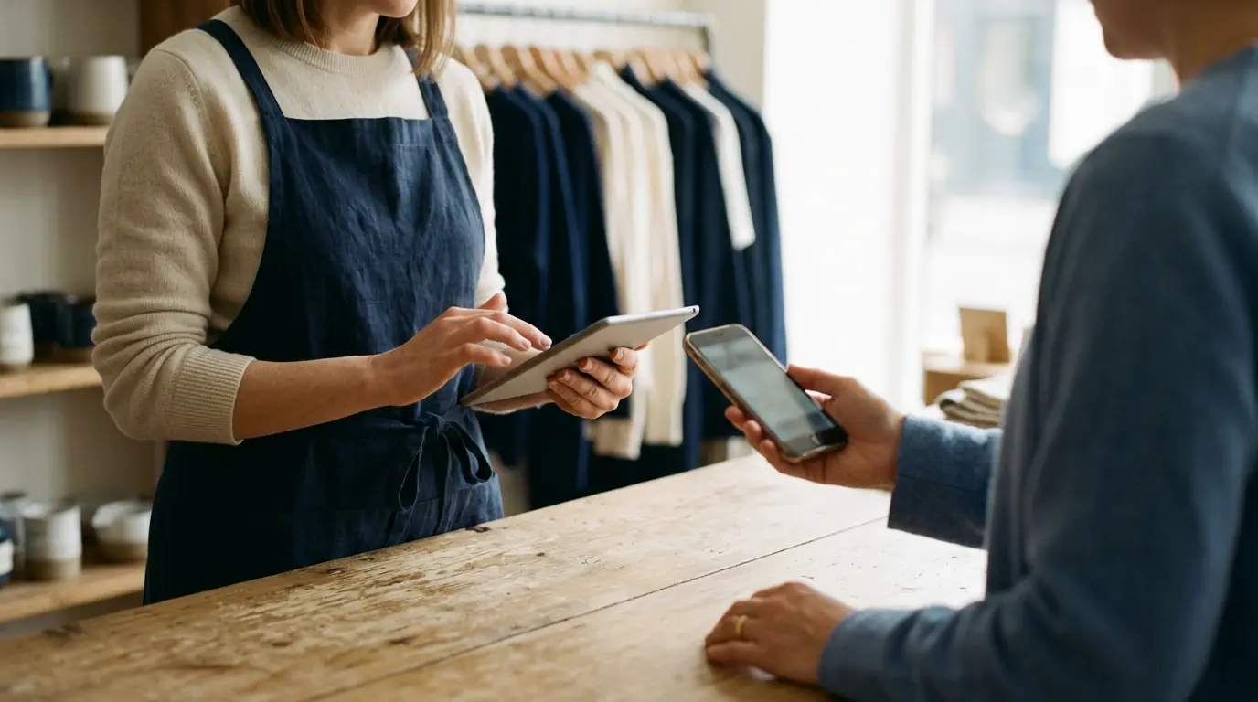 A shop assistant holding a tablet while a customer holds out a phone