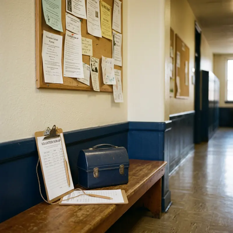 A school hallway with a notice board and a volunteer sign-up clipboard on a bench