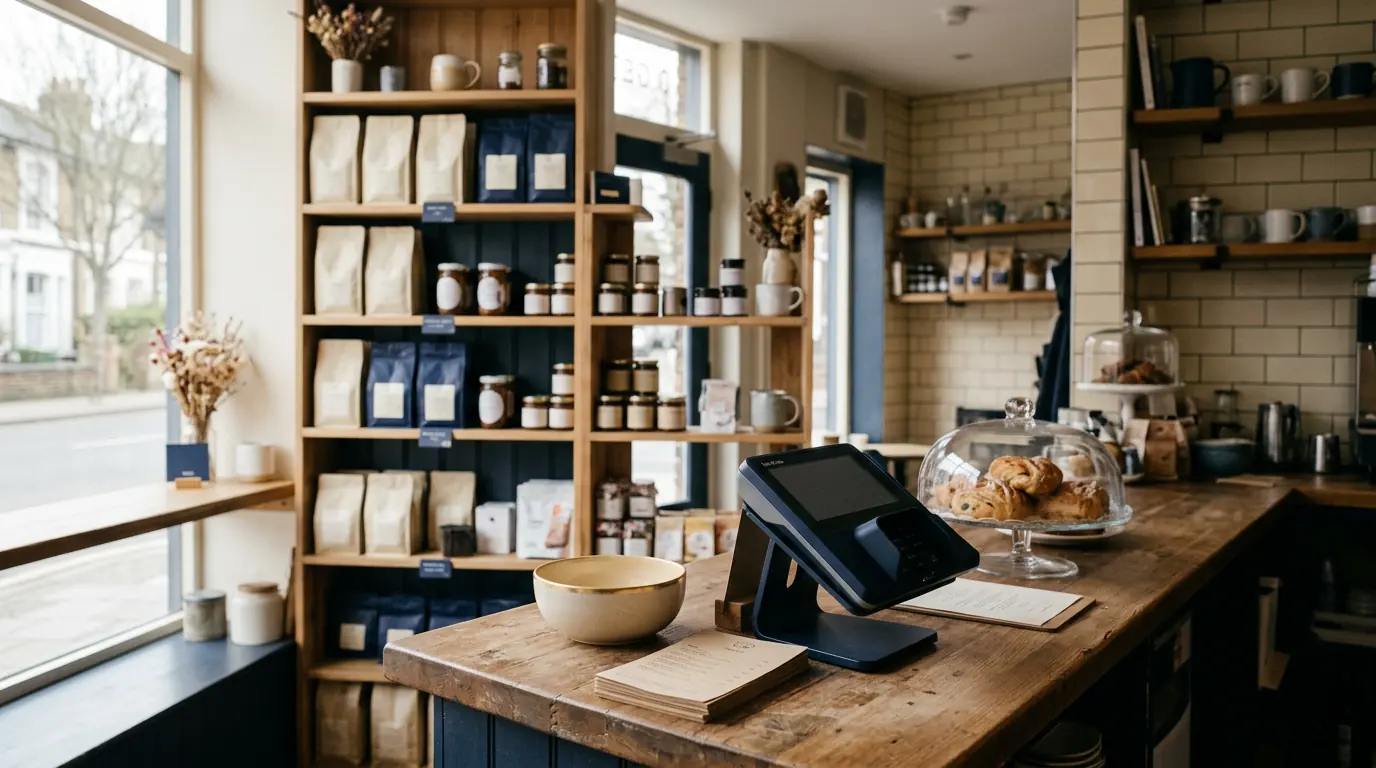A shop counter with a register screen, shelves of jars behind it