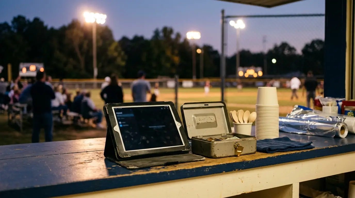 A sports field snack stand at dusk with a tablet on the counter