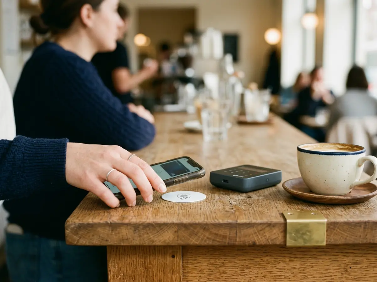 A hand tapping a phone on a counter sticker