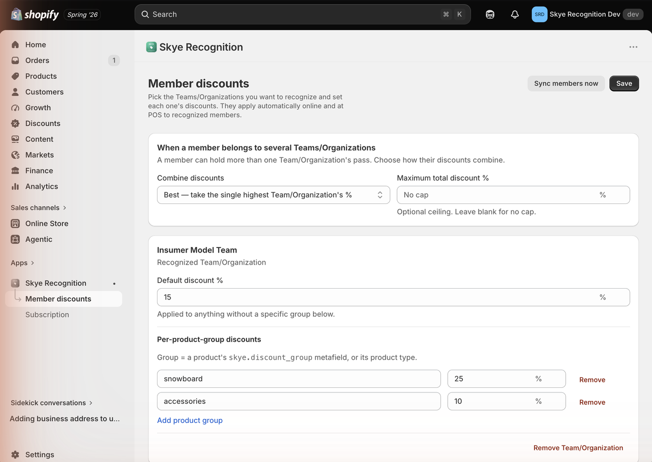 The Skye Recognition member-discounts settings page