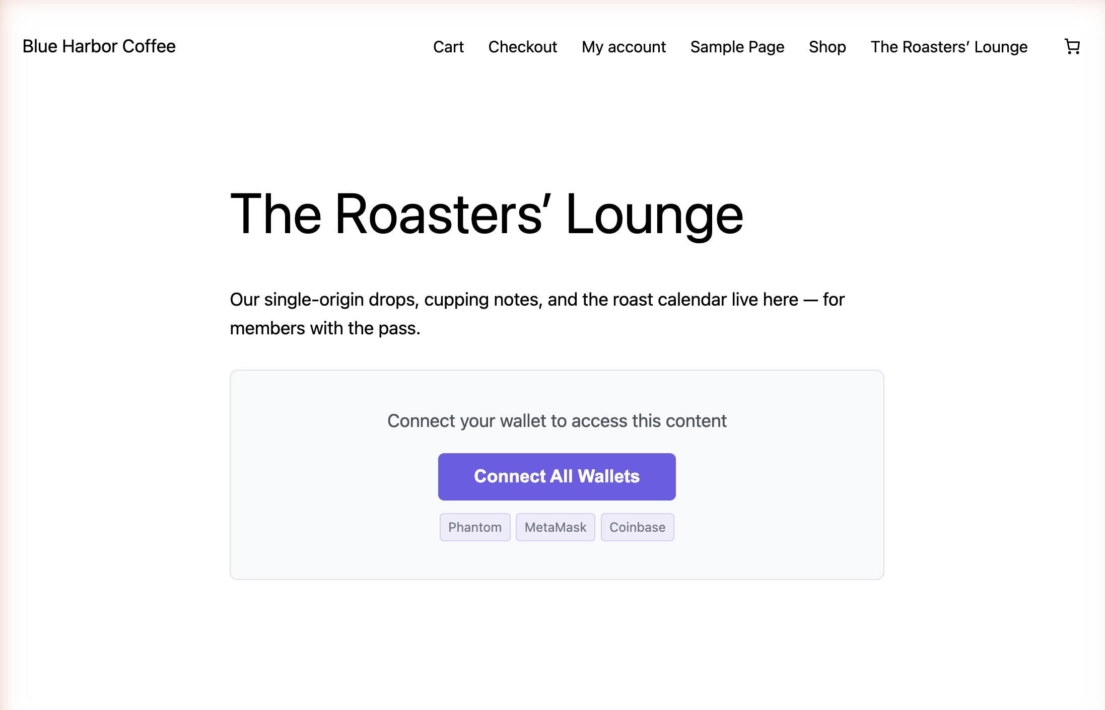 A live WordPress page locked by SkyeGate, showing the Connect All Wallets prompt