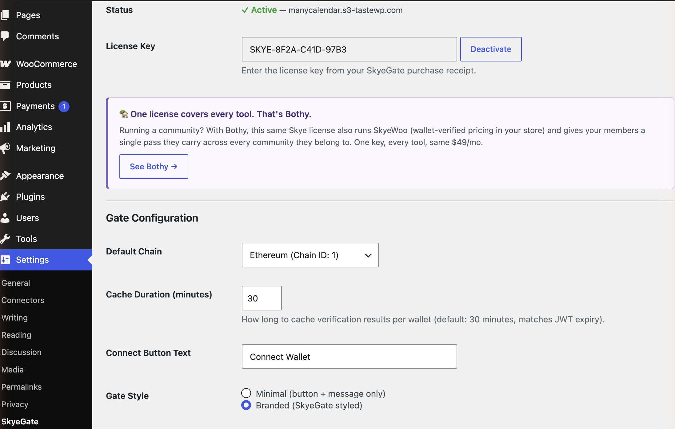 SkyeGate settings page with an active license, default chain, and gate style options
