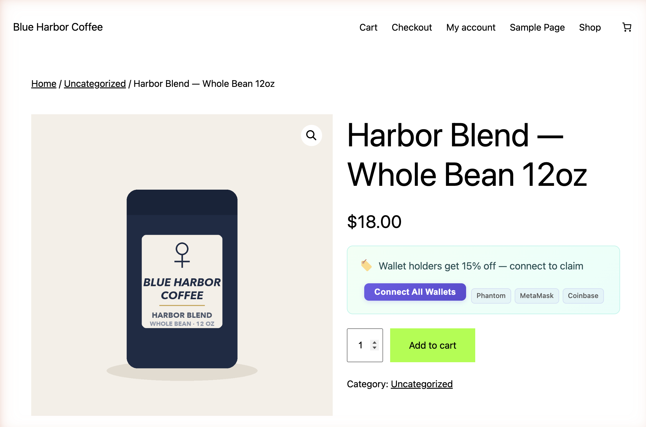 WooCommerce product page showing the SkyeWoo wallet-discount teaser with a Connect All Wallets button