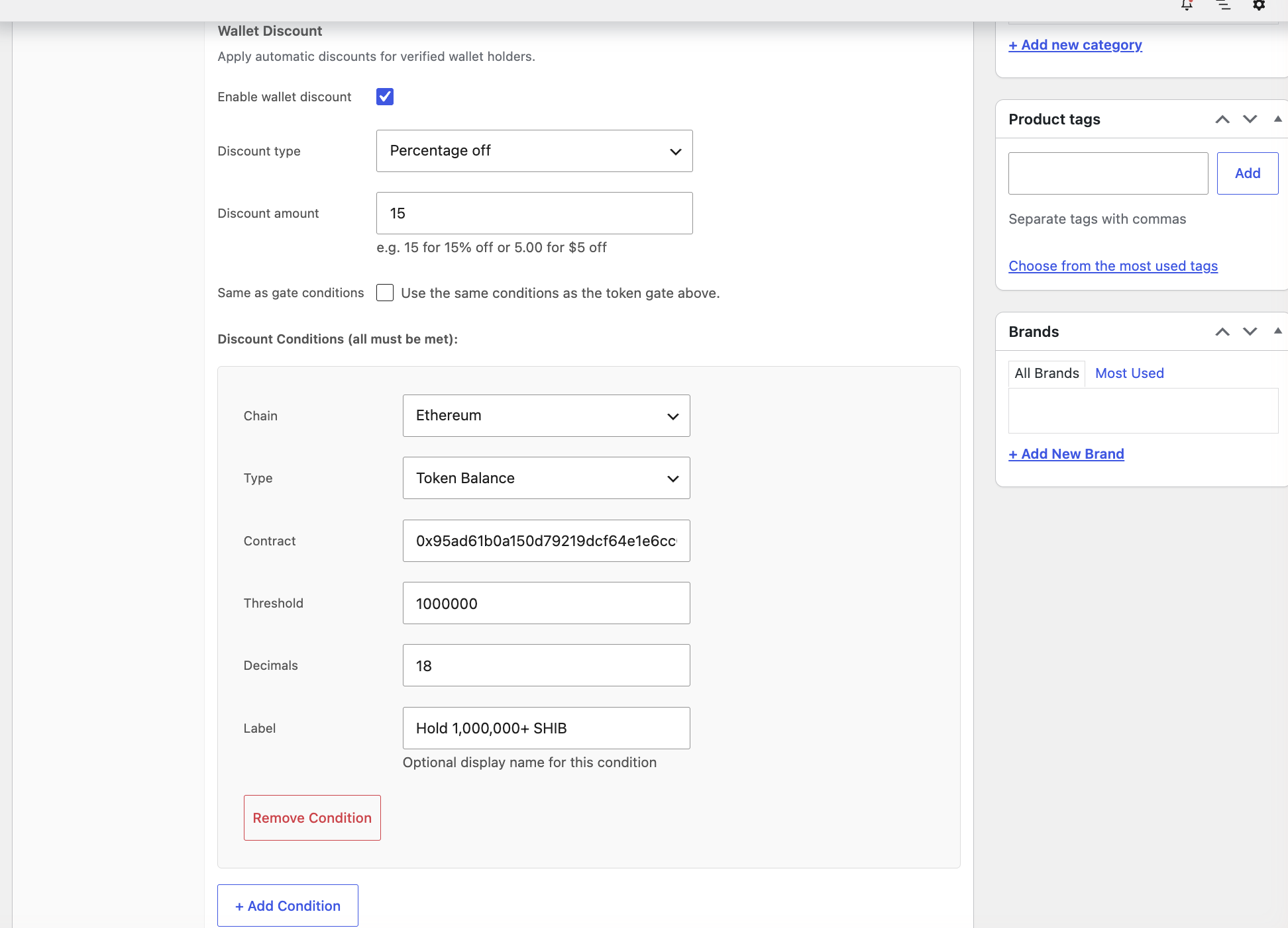 SkyeWoo wallet-discount panel in the WooCommerce product editor: 15% off with a token-balance condition